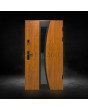 Gouden eikenhouten roestvrijstalen voordeur met zwart frame rondom glas