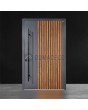 Schwenktür aus anthrazitfarbenem Aluminium mit vertikalen Lamellen 