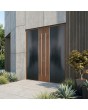 Doppelflügelige Haustür aus Aluminium in Anthrazit mit Holzdekor in Gold-Eiche