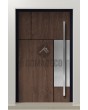 PIVOT V35 – Eingangstür aus Aluminium mit Holzstruktur und Edelstahl-Dekor