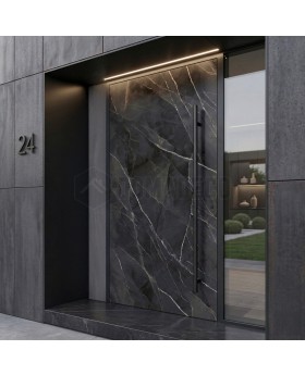 Aluminium-Flügeltür mit Calacatta Black-Quarzstein verkleidet