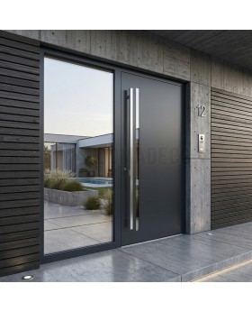 Schöne, moderne Haustür aus anthrazitfarbenem Aluminium mit Glasfüllung