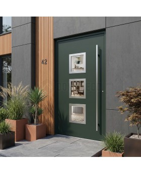 Grüne Aluminium-Haustür mit drei Fenstern