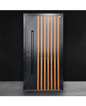 Schwarze Aluminium-Außentür mit vertikalen Lamellen aus AluminiumprofilenSchwarze Aluminium-Außentür mit vertikalen Lamellen aus Aluminiumprofilen