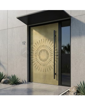 Haustür mit goldener Struktur aus gefrästem Metall