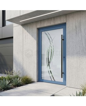 Blaue Aluminium-Haustür in Milchweiß mit transparentem Dekor